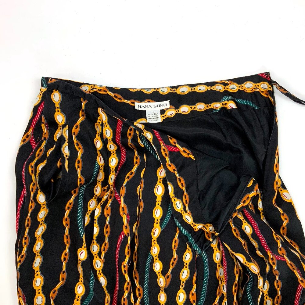 Hana Sung Midi Pleated Silk Skirt Chain Jewel Print Sz 12-10 - Picture 12 of 16